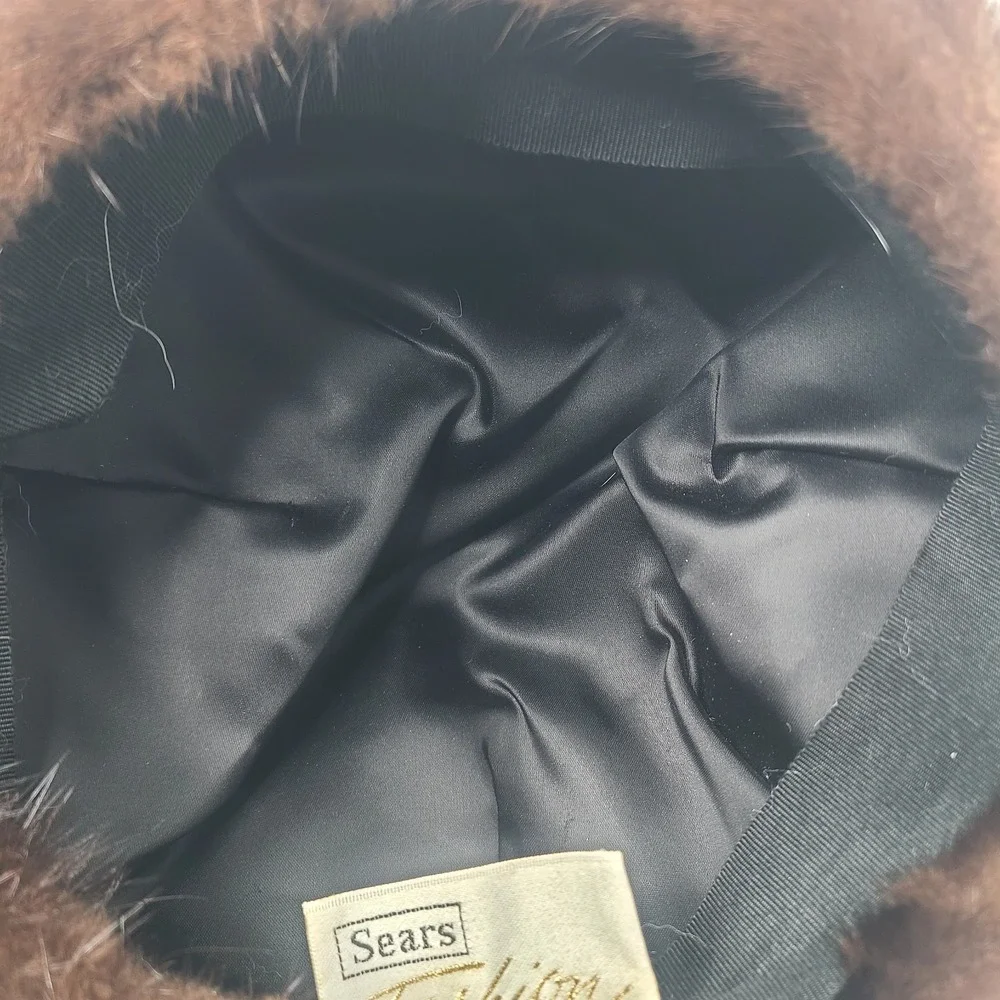 Vtg 60s Sears Real Mink Fur Pillbox Hat Dark Brown Cossack Winter Mob Wife